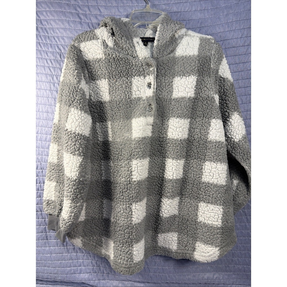Adrienne Vittadini Fleece Pullover 2X Gray White Check 1/4 Snap Womens Cozy